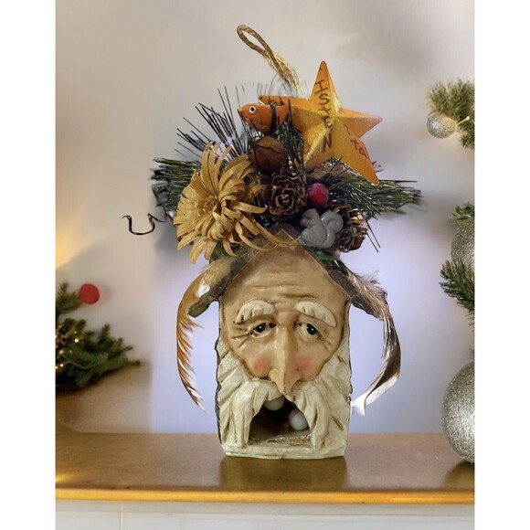 OLD WORLD Santa Claus Face Mini Treehouse Christmas Holiday Ornament w/Decor - Picture 1 of 10